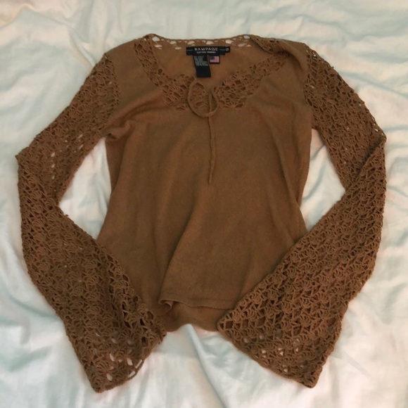 Rampage Tops - Vintage tan crochet top with bell sleeve